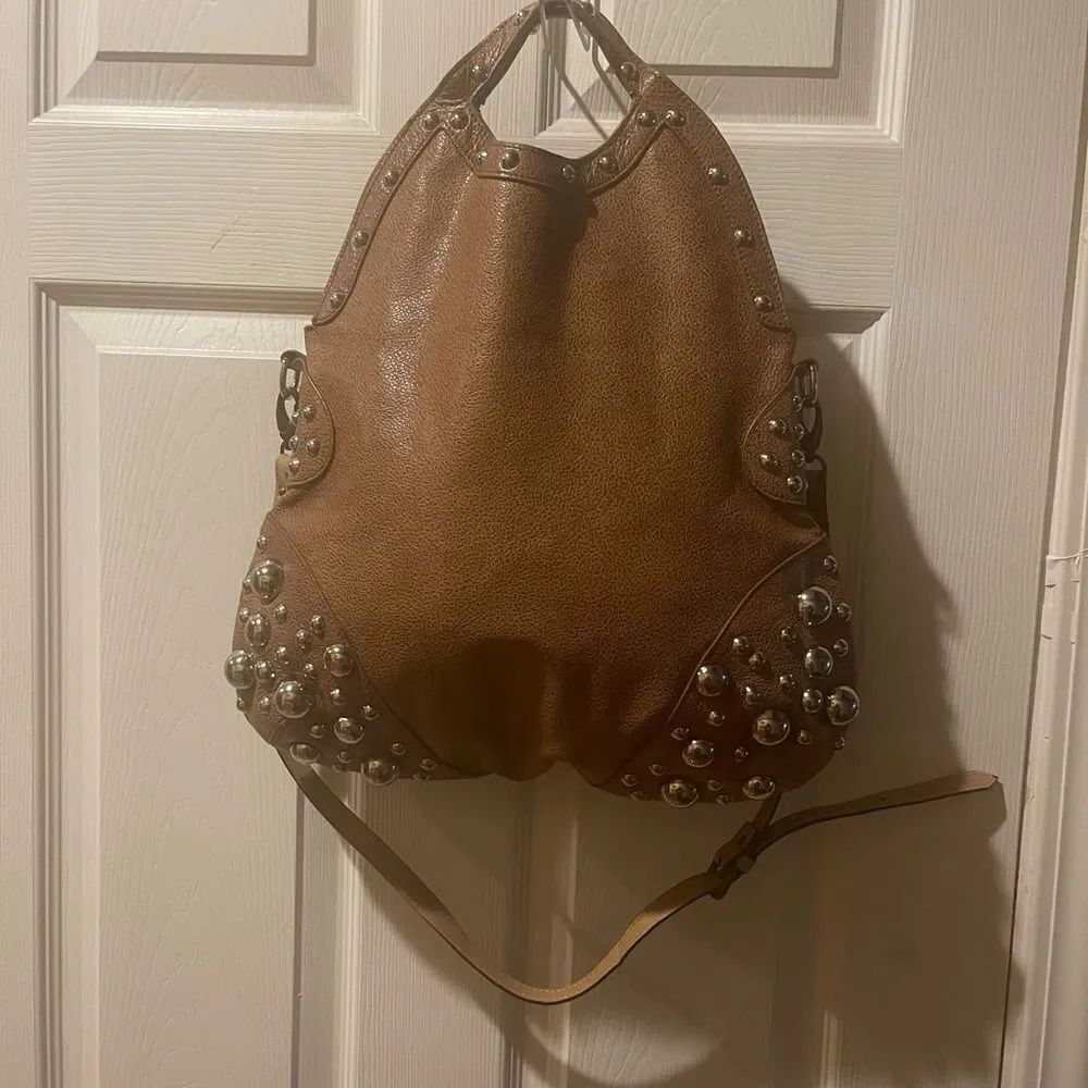 Charm & Luck leather Brown silver Studded large Hobo Bag